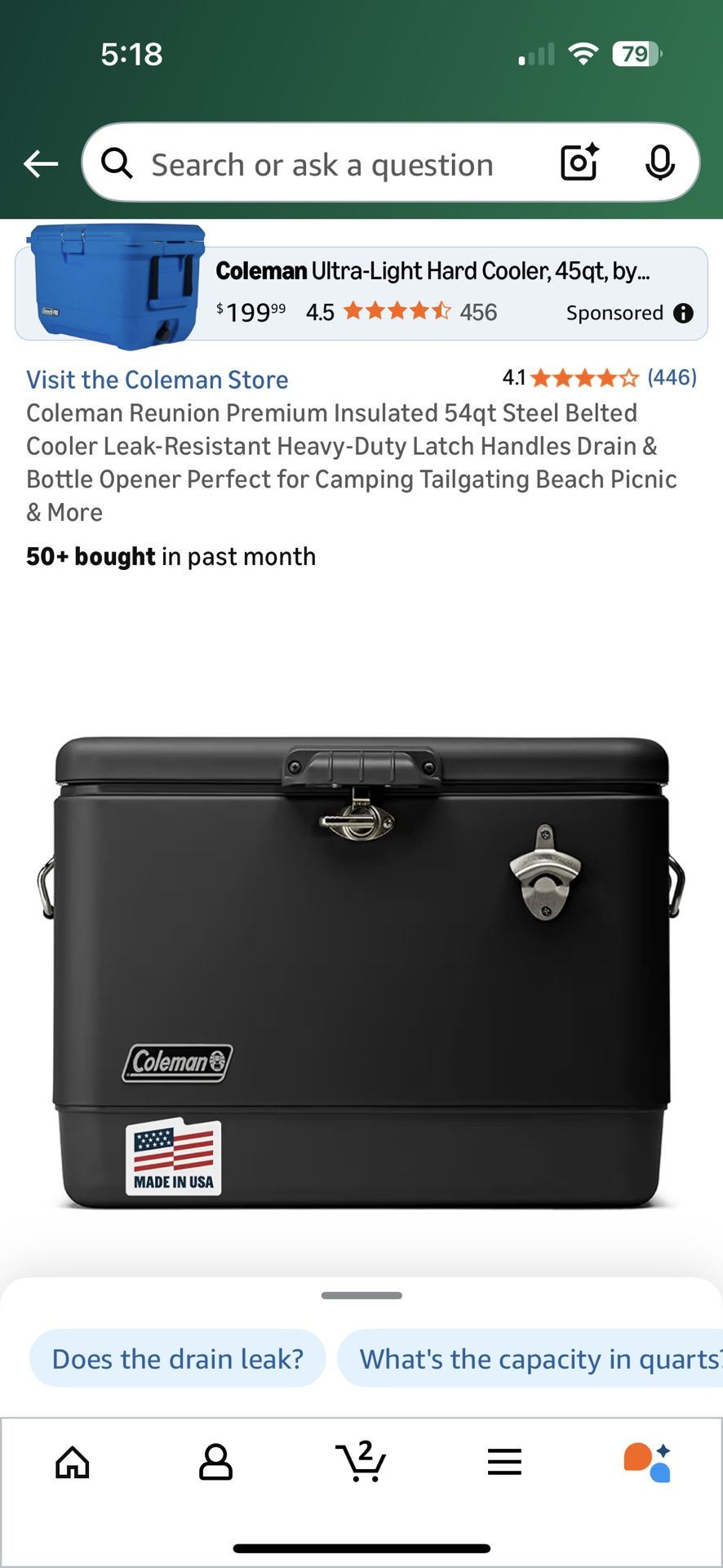 Coleman Reunion Premium Insulated 54qt Steel Belted Cooler Leak-Resistant Heavy-Duty Latch Handles Drain & Bottle Opener Perfect for Camping Tailgatin
