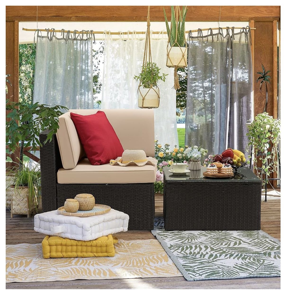 3 Piece Patio Furniture Set, All Weather PE Rattan Outdoor Sofa Set corner Sofas with Table B/Beige