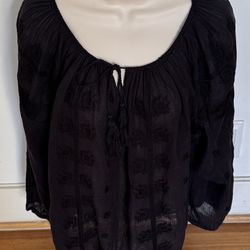 Isabel Marant Etoile black gauzy mixed media puff sleeve blouse with tassels, size XL