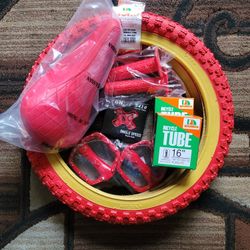 NEW Bicycle Bmx Jr Parts Bundle 16" Red Gumwall Knobby Tread