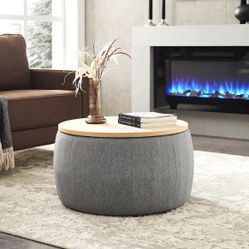 Modern Round Storage Ottoman with Wooden Top,Handmade Luxury Pleated Circle Fabric Storage Ottoman Coffee Table,End Table & Footstool for Living Room（
