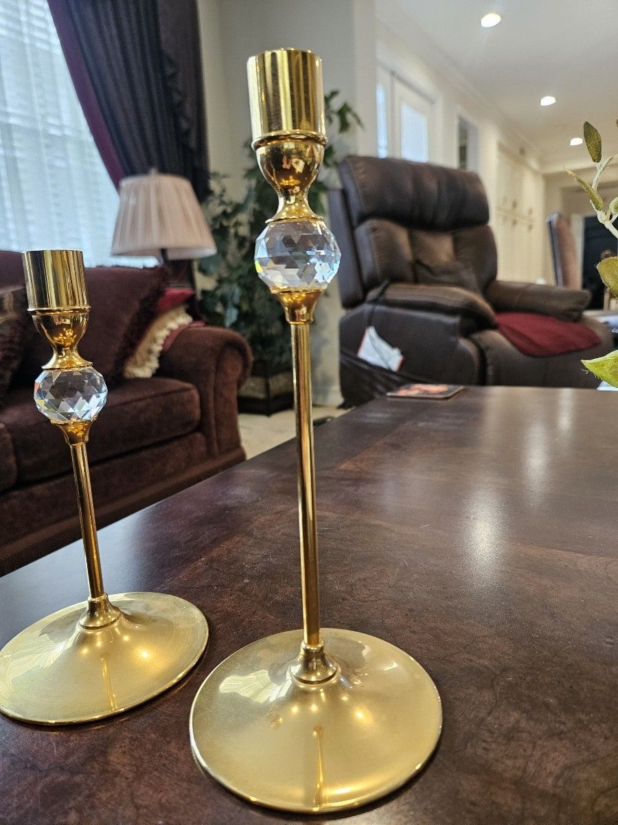 Pair Of Vintage Brass & Crystal Candlesticks