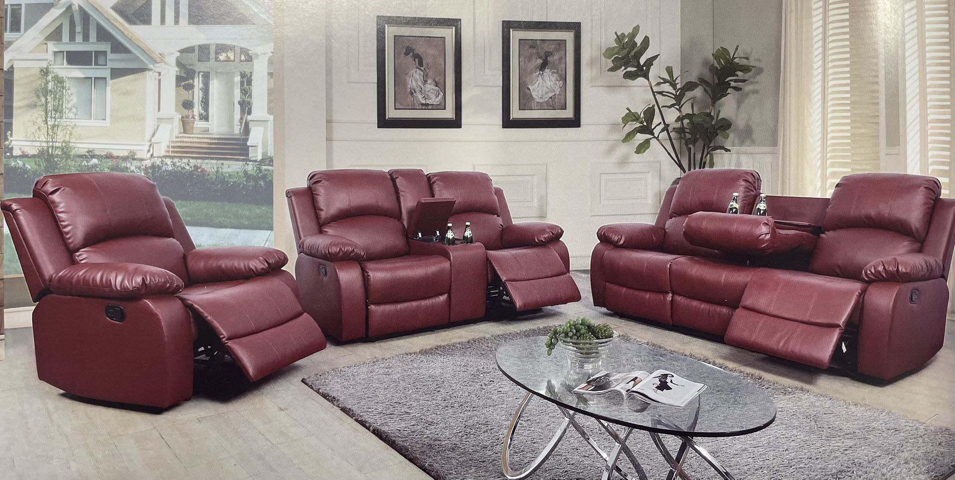 Red Leather Fully Reclining Three Piece Couch Set