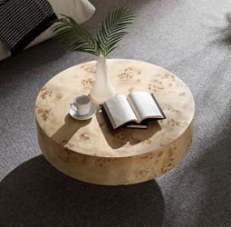 NEW Natural 31 Inch Mid Century Modern Round Wood Coffee Table With Burl Wood Veneer And Sturdy Pede