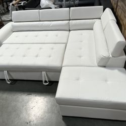 New! Modern sofa Contemporary White Sectional, White Faux Leather Sofa, L-Shaped Sofa With Pull-out Bed, Sofabed, Sectional Sofa Bed, White Couch, Lea