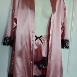 Pink Satin with black lace robe and matching bottoms - Size L