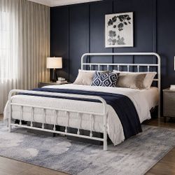 Queen Bed Size Metal Platform Bed Frame with Victorian Style Wrought Iron-Art Headboard/Footboard, No Box Spring Required, White