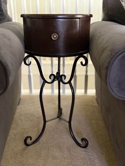 Round Wood Side Table with Iron Base