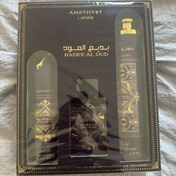 Lattafa Bade'e Al Oud Amethyst 3-Piece Gift Set (EDP, Perfumed Spray, Air Freshener)