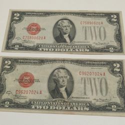 (2)-1928 D Red Seal $2 Two Dollar Bill Note