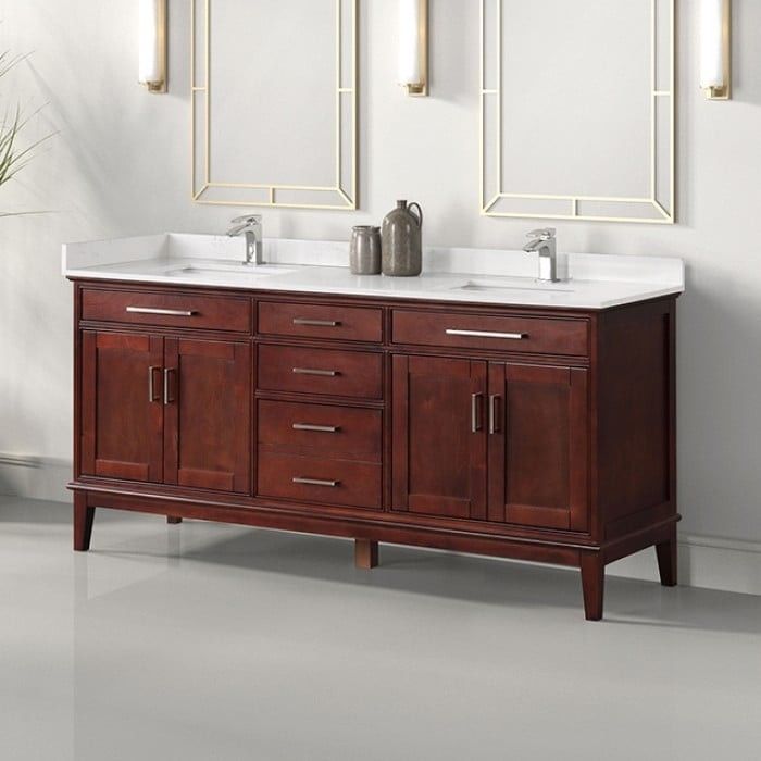 SINTERED STONE TOP DOUBLE SINK BATHROOM VANITY CABINET WHITE CHERRY FINISH