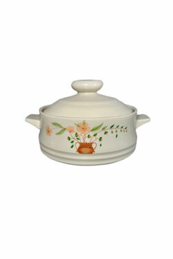 Handmade Cocoa Butter and Cashmere scented coconut and soy wax blend candle in a vintage ceramic mini casserole dish with lid.