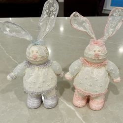 Vtg Pair Pink & Purple Crocheted Easter Bunnies