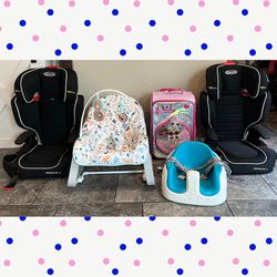 Graco Booster Seats, Bumbo Chair, LOL Suitcase, Fisher Price Rocking Chair