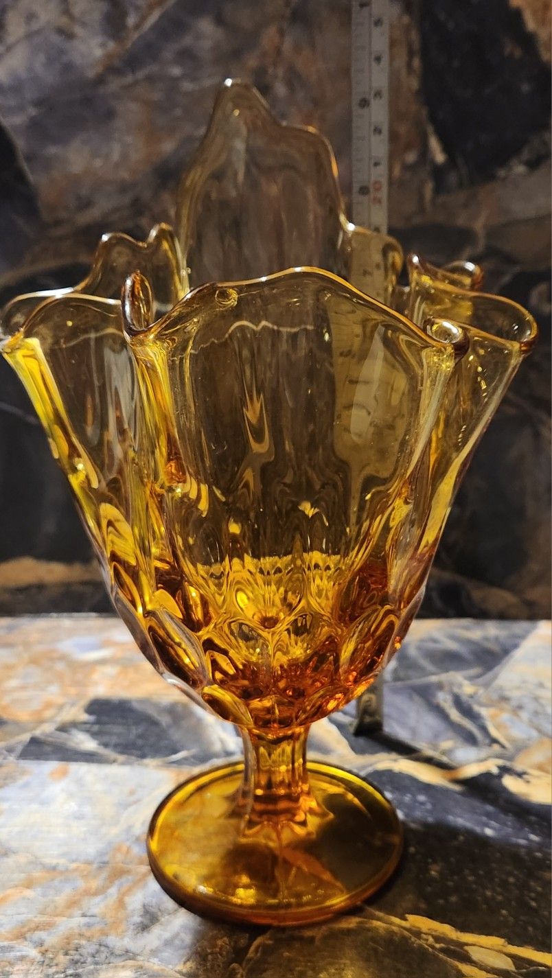 Fenton Handkerchief Vase, Amber w/Thumbprint Pattern, 9" Tall (Used/EUC)