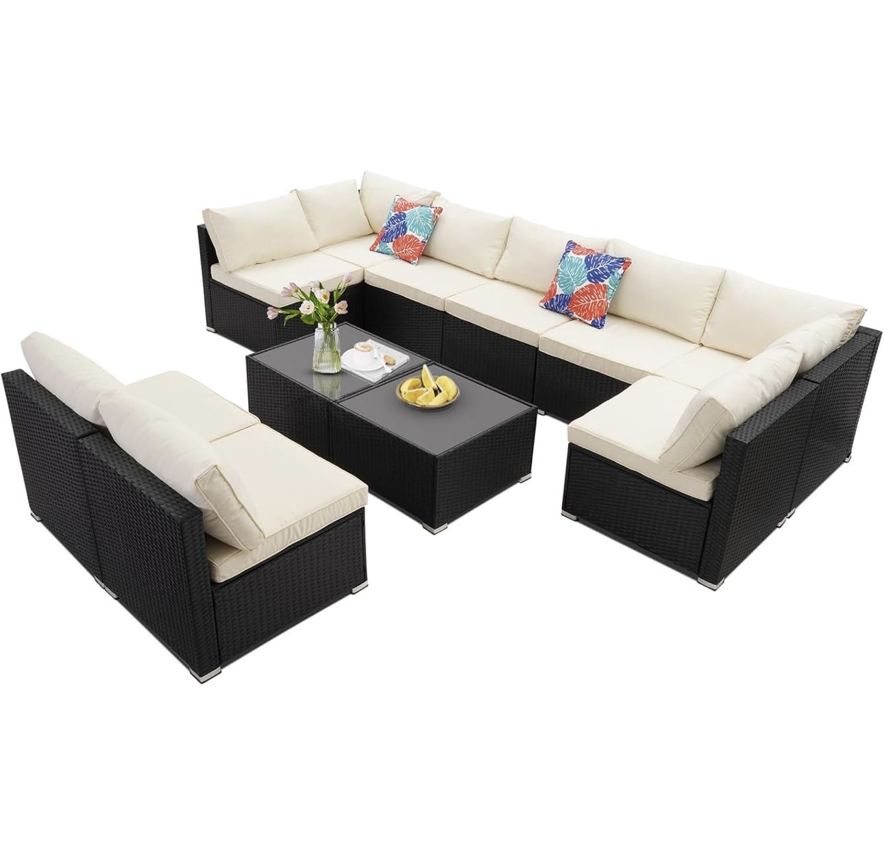 11 Pieces Patio Conversation Set, Rattan Sectional Patio Sofa, Outdoor Wicker Furniture Sets