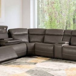 Brand New Super Plush Grey Leather Power Reclining Sectional Sofa 