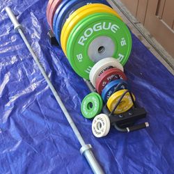Rogue Fitness KG Plate Set (IWF) + Barbell + Rack