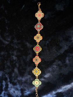 Colorful Floral Mandala Gold-Tone Link Bracelet – Boho Style