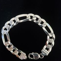 Sterling Silver Figaro Diamond Cut Design Bracelet