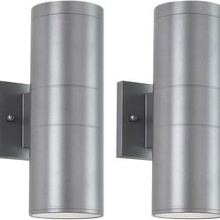 Modern Outdoor Porch Light Patio Light in 2 Lights with Aluminum Cylinder and Tempered Glass Cover Waterproof Wall Sconce 2 Pack (Metallic Gray)