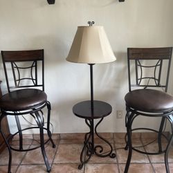 2 Bar Stools with Side Table & Lamp - Metal/ Wood Counter Height Set