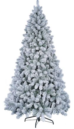 7ft Flocked Christmas Tree, Pre-Lit Artificial Pine Tree 320 Warm White & Multi-Color Incandescent Lights, Full Snow Flocked White Xmas Tree, Foldable