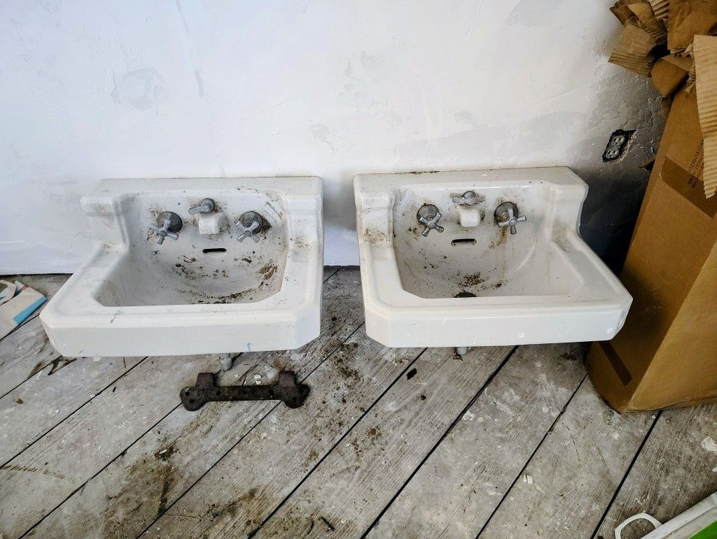 1930s White Porcelain Sinks With Chrome Legs