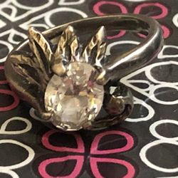 Antique Sterling Silver glass Solitaire etched ring