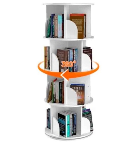 Bookcase, Rotating, 4 Tier, Wooden, White, Bookshelf 