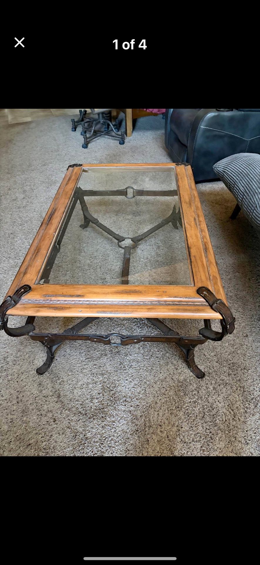 Hermes-style equestrian coffee table with an iron base