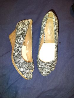 DexFlex Comfort Shoes 9w Espadrille Black White Floral Cork Wedge Heel Peep Toe