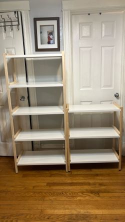White metal shelves with wood frame