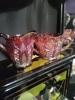 Vintage Red Carnival Glass Set Of Creamer & Sugar