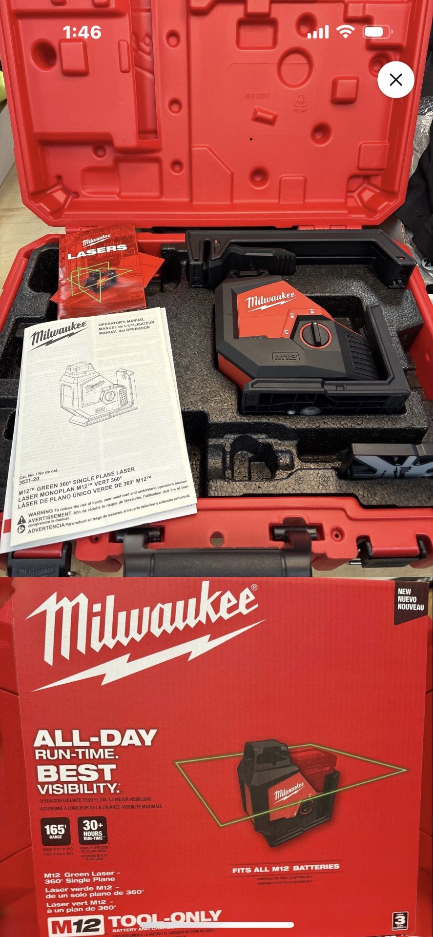 M12 12-Volt Lithium-Ion Cordless Green 360-Degree Single Plane Laser Level Kit 165ft