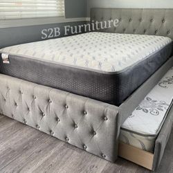Full Twin Grey Frenchi Trundle Bed With Ortho Mattress Included!!