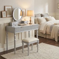 Vika 39" Fluted Vanity Desk Set with Round Mirror and Drawers