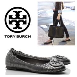 Tory Burch Women's Grey Lizard Printed Reva Ballet Flat