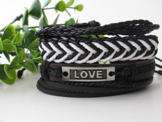Adjustable Size up to 9.5inc Braided Multi-layer Leather Bracelet (Set of 4), Love