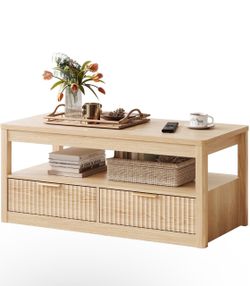 Home Farmhouse Coffee Table with Hidden Storage, Oak | Wood Coffee Table for Living Room, Open Display Area and Storage Drawers with Metal Handles, Fl