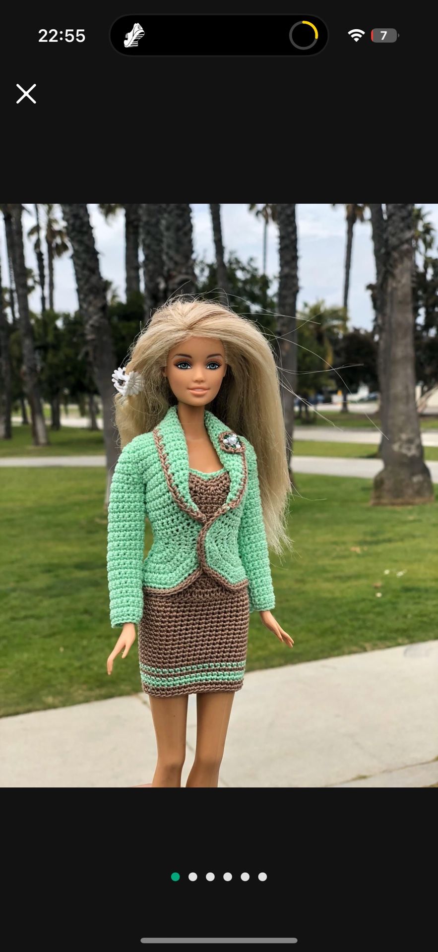 3 Pc Barbie Outfit – Mint Green & Brown Knitted Set – Jacket , Top & Skirt