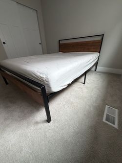 Like New - Metal and Wood Platform Bed Frame with mattress