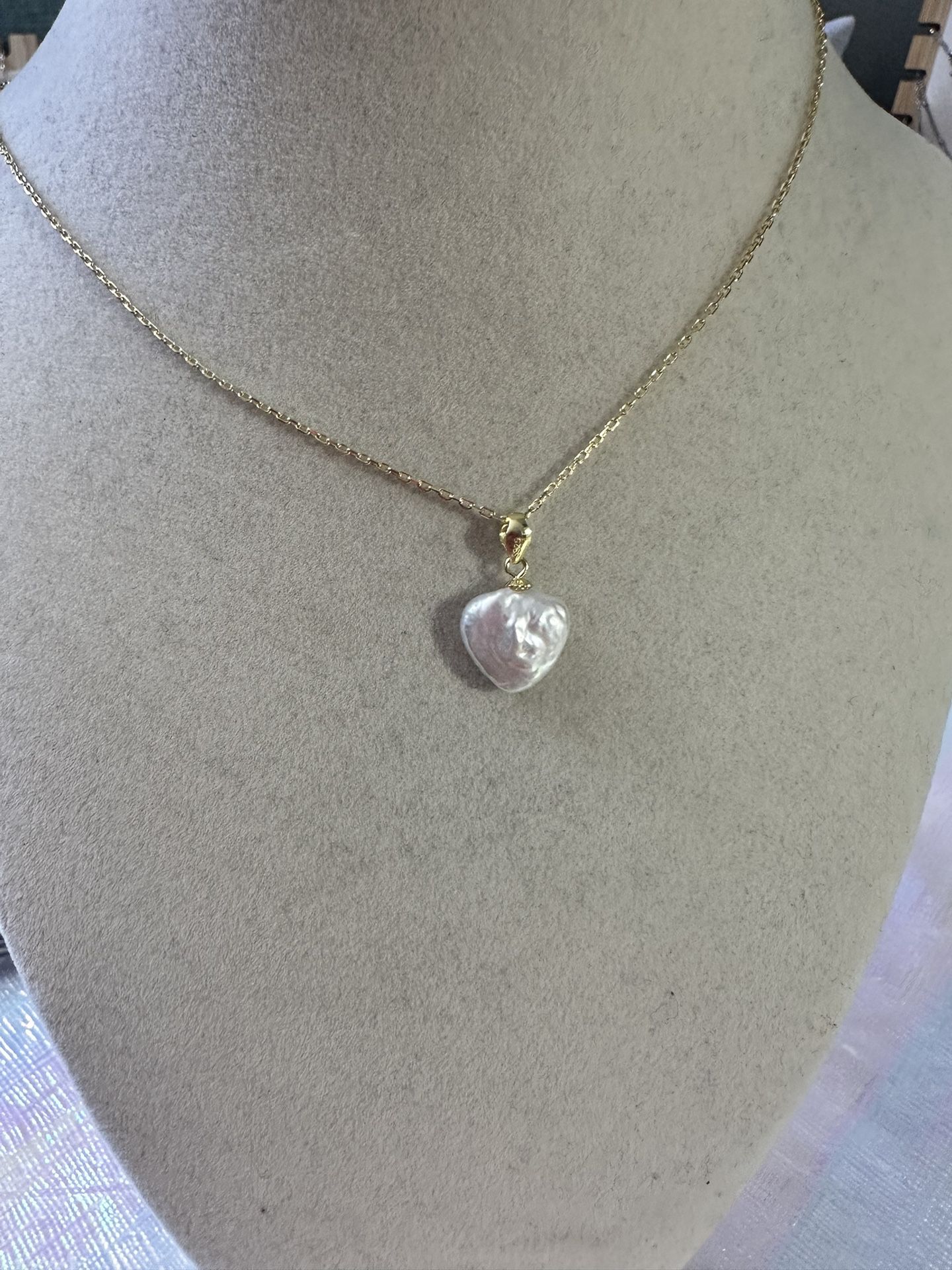 New Gold Sterling Silver Freshwater Pearl Heart  Necklace