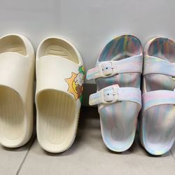 Girl Cat & Jack Tie-Dye Sandals and Cream Graphic Slides Size 9-10