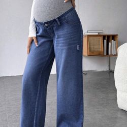 Maternity Casual Loose Straight Leg Jeans With Patchwork Waistband