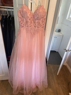 Pink Lace Beaded Tulle Ball Gown Dress