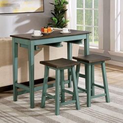 ANTIQUE TEAL GREEN GRAY FINISH 3 PIECE COUNTER HEIGHT-DINING-TABLE STOOL SET-MESA BANCO ALTO