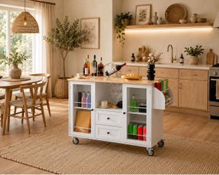 Rolling Kitchen Island Cart – White - Mobile Prep Station with Cabinet, Drawer, Rack & -Castor Wheels L-25