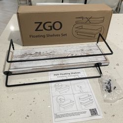 Rustic White Wood Floating Decorative Wall Shelf with Brackets and Towel Bar