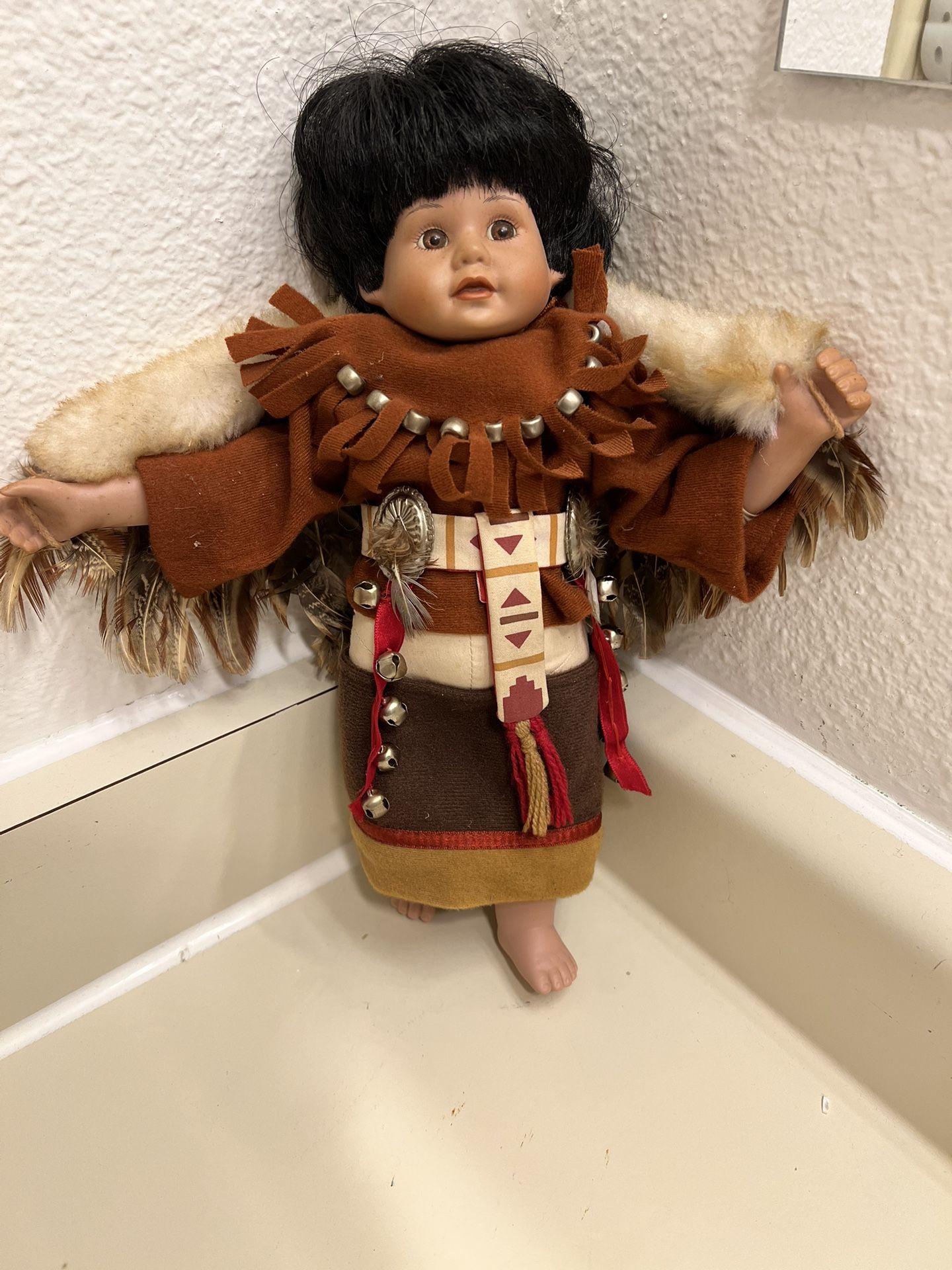 Eagle Hawk Indian Boy Porcelain Doll Head Piece Feathers Bells Elke Hutchens